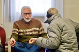 Tom O'Donnell talks with a voter.