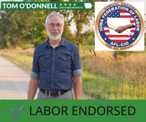A photo of Tom O'Donnell on a gravel road with the emblem of the Iowa Federation of Labor